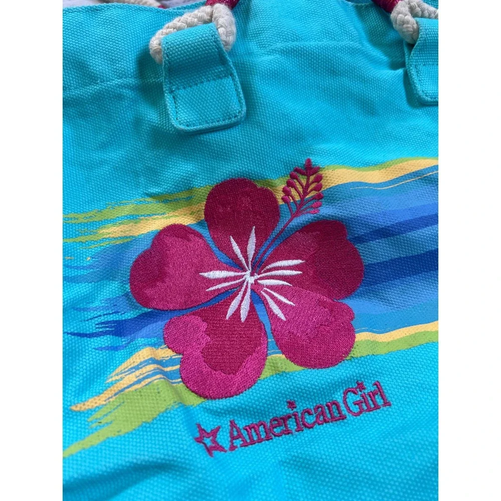 American Girl Tote Bag Kids Teal Hibiscus Flower Frayed Canvas Rope Handles